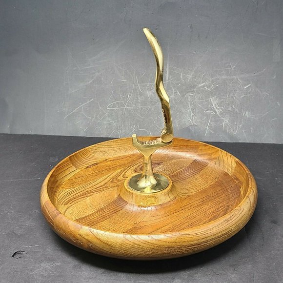 Vintage MCM Wooden Walnut Bowl Brass Nutcracker Mid Century Modern Decor - Picture 7 of 8